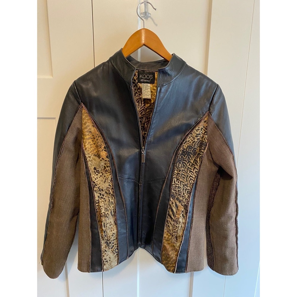 Koos Leather Tweed Zip Up Jacket Koos Of Course Animal Jacquard Small-Med Y2K